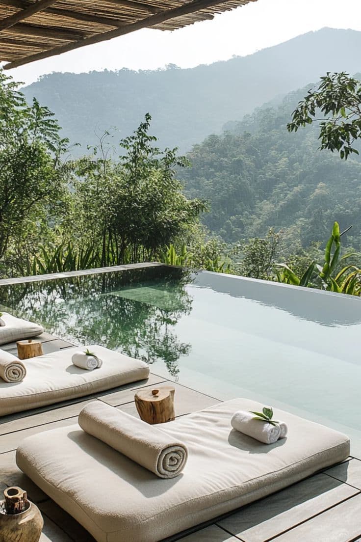 An infinity pool overlooking forested Himalayan mountains, with daybeds and rolled towels in the foreground