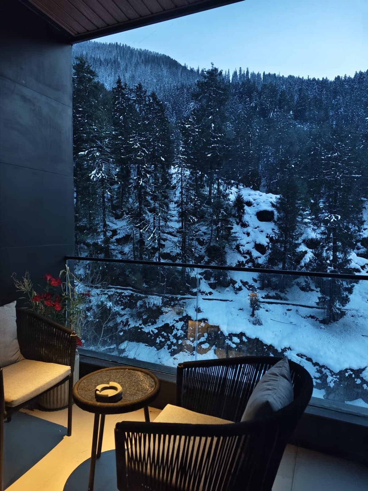Private balcony seating at EKAM overlooking a snow-covered forest at dusk