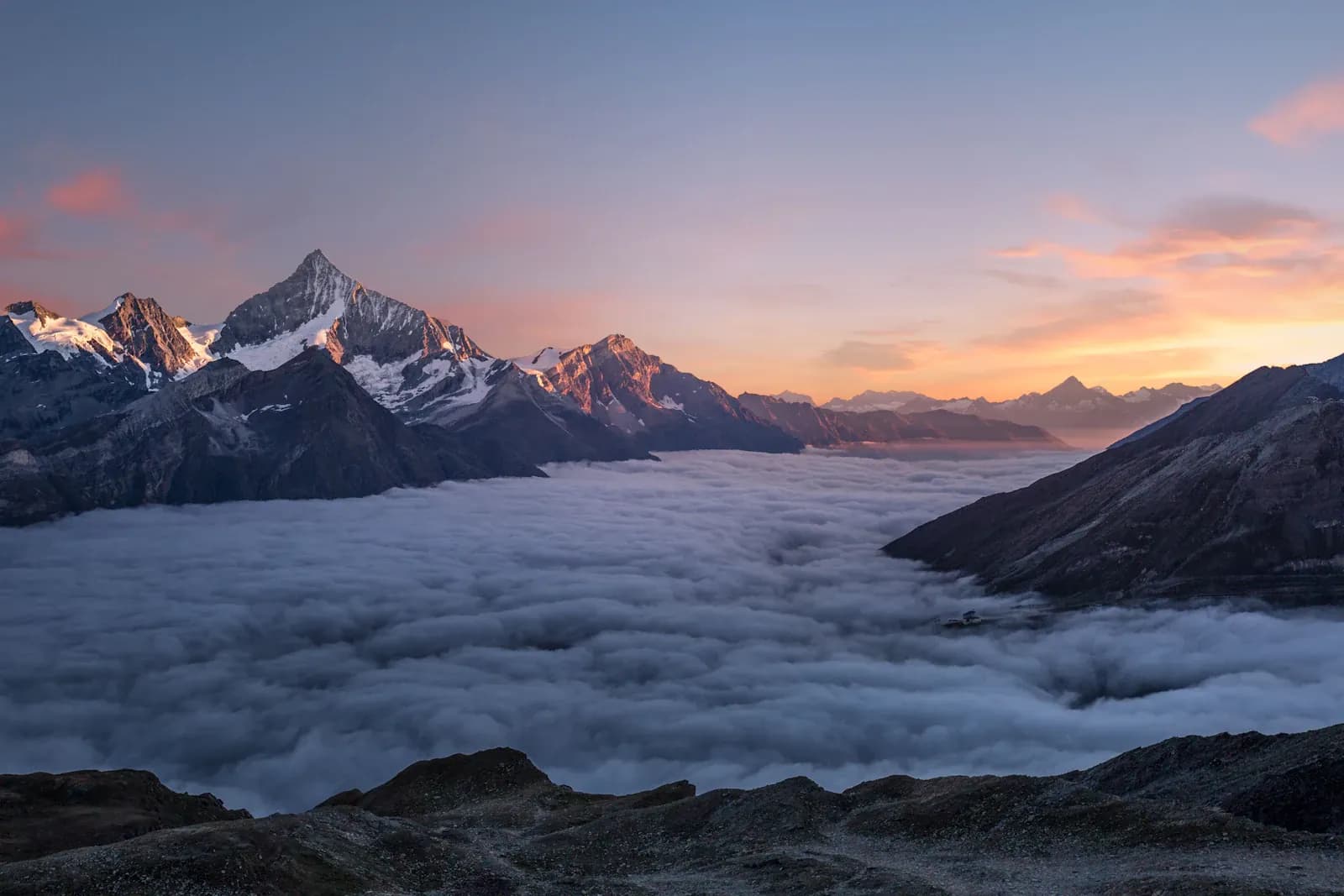 Misty Himalayan mountains at dusk