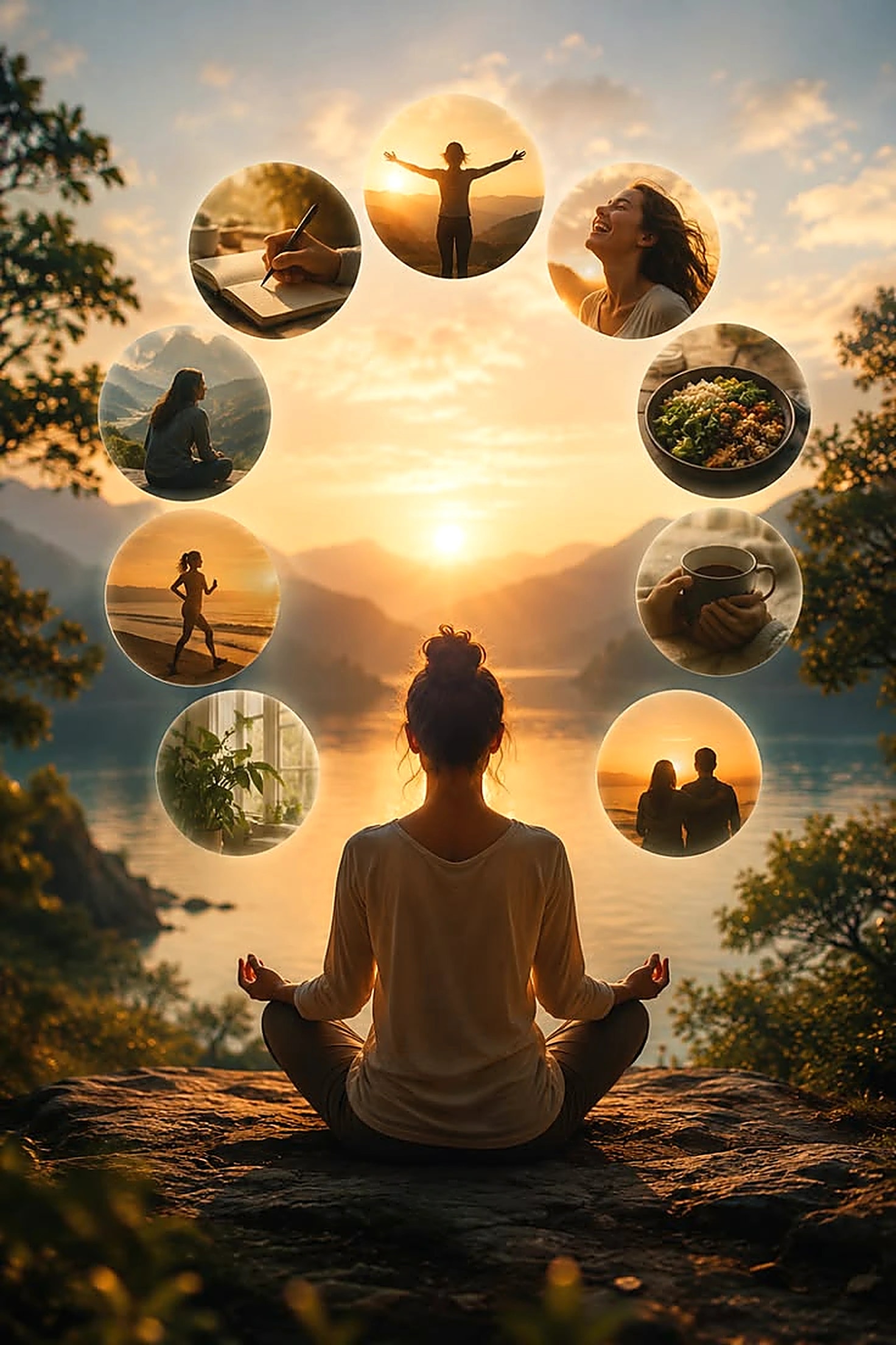 A guest in quiet meditation on a rock overlooking the Himalayan valley at sunrise, surrounded by moments from an EKAM day